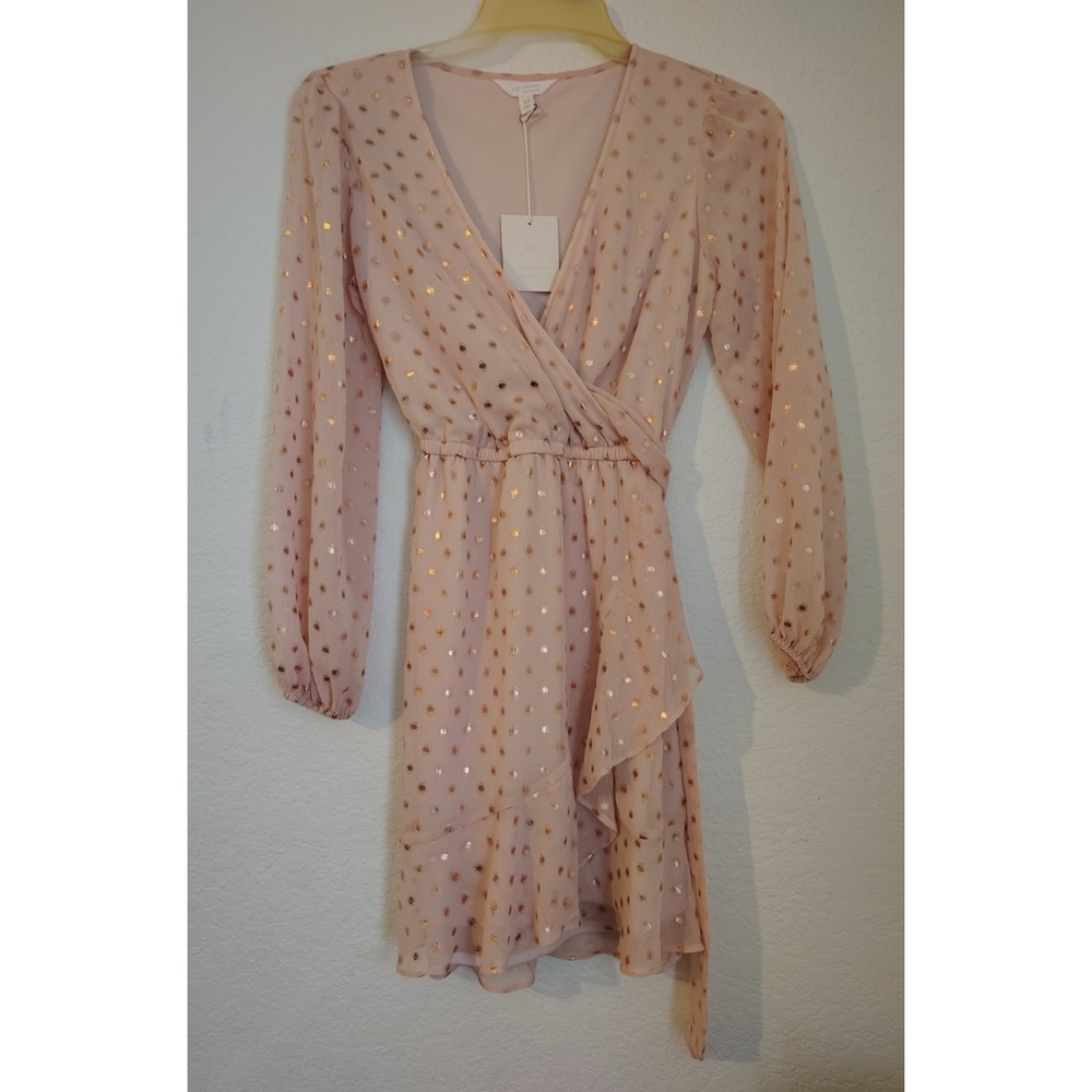 Lauren Conrad Peach Balloon Sleeve Sheer Polka Dot Wrap Dress Size XS NWT NEW